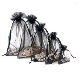 Gift Wrap 50pcs/lot 7x9 9x12 10x15 13x18CM Black Organza Bags Jewellery Packaging Wedding Drawable Pouches