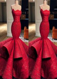 New Arrival Red Mermaid Prom Dress 2019 Strapless Sparkly Beaded Lace Floor Length Ruffled Arabic Pageant Evening Gowns4622651