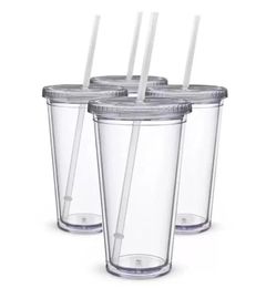 16oz Plastic Tumblers Double Wall Acrylic Clear Drinking Juice Cup With Lid And Straw Coffee Mug DIY Transparent Mugs FY53911796157