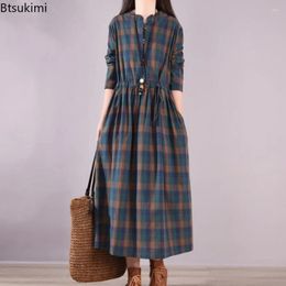 Casual Dresses Fashion Vintage Waisted Long Dress For Women Comfy Sleeve Plaid Cotton Linen Lace-up Maxi Female Vestidos Robe