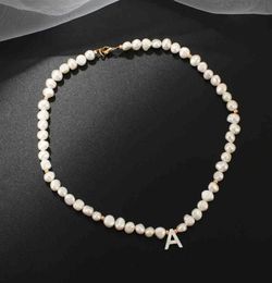 Real Freshwater Pearl Necklace Choker For Women Alphabet AZ Shell Letter Initial Buckle Gold Color Pendant Jewelry Gift220v1481012