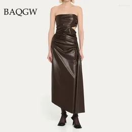 Casual Dresses Elegant Strapless Off Shoulder Leather For Women Sleeveless High Waist Hollow Out Patchwork Folds Dress Female Fashion