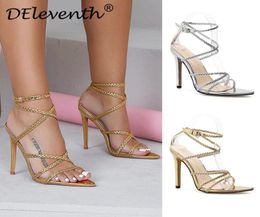 womans gold high heels shoes european and americanstyle crosswoven strap pointy sandals silver large size shoes9003877