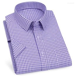 Men's Casual Shirts Business Short Sleeved Shirt Classic Striped Plaid Checked Male Social Dress Purple Blue 6XL Plus Large Size