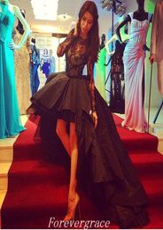 Sexy High Low Prom Dress Black Colour Lace Long Sleeves Formal Women Wear Pageant Party Gown Custom Made Plus Size5796099