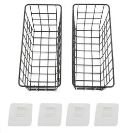 Adhesive Sturdy Storage Baskets With Kitchen Food Pantry Bathroom Shelf Storage No Drilling Wall Mounted,2 PACK,Black