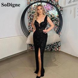 Party Dresses SoDigne Black Sequins Prom 2024 V Neck Split Side Vestido De Gala Sexy Mermaid Long Formal Evening Gowns