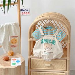 Clothing Sets 2024 Summer New in Kids Baby Boys Girls Cute Cartoon Clothing Set 2pcs 3M-3Y Infant Striped T-shirts+print Bear Overalls Y240412