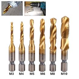 1PCS Titanium Plated Hex Shank HSS Screw Thread Metric Tap Drill Bits 3 In 1 Compound Taps M3 M4 M5 M6 M8 M10 Hand Tools