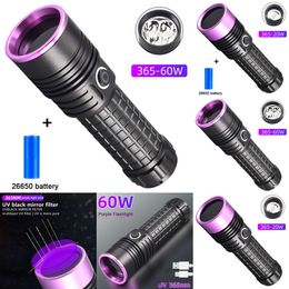 New Powerful 365Nm UV Flashlight Black Mirror Purple Light 60W Fluorescent Oil Pollution Detection Torch Type-C Rechargeable Lantern
