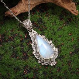 Pendant Necklaces Retro Ethnic Drop Shape Moonstone Lace Pattern Necklace Elegant Birthday Wedding Party Jewellery Gift For Women