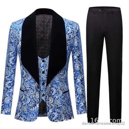 Men's Suits Blazers 2023 New Mens Casual Boutique Flower Suit Jacket Vest Pants 3 Pcs Set / Mens Jacquard Big Black Collar Blazers Coat Trousers