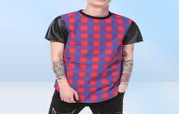 Men039s TShirts Men T Shirt Hip Hop High Street Long Plaid Sleeve Scalloped Leather Side Zipper Short Tshirt6958771