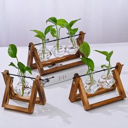 Vases Tabletop Terrarium Hydroponic Plant Decoration Wooden Frame Vintage Glass Vase Planter Home Decor Bonsai Flower Pot