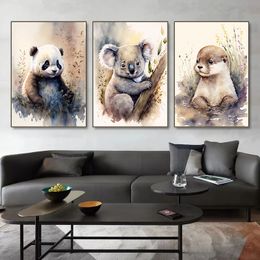 Watercolor Elephant Panda Cheetah Koala Otter Animal Posters Prints Nursery Wall Art Canvas Painting for Baby Room Home Decor