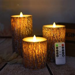 1 Set of 3 Flameless Candle Night Light Pine LED With Remote Control Wax For Year Christmas Wedding Decoration 240412