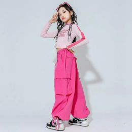 Kids Hip Hop Clothing Cute Pink Ruched Crop Tops Sweatshirt Strap Street Jogger Cargo Pants for Girl Jazz Dance Costume Clothes