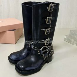 Woman Miui Shoes Boots Harness Belt Buckled Cowhide Leather Biker Knee Boots Chunky Heel Zip Knight Boots Square Toe Ankle for Women Designer Shoes Factory 856