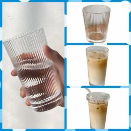 Wine Glasses With Lid Straw Vertical Striped Glass Cup Chic Thickened Transparent Mugs Dust-proof Simple Style Coffee