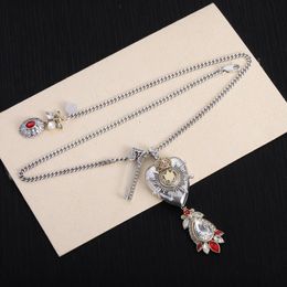 Vintage, Silver, pendant necklace, Heart, Skull, pin, Crown, Drop shape, classic multi-element combination, designer necklace, luxury, Zircon, crystal, jewelry