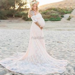 Maternity Dresses Tailed Maternity Photography Dress Lace Flying Sleeves Solid Colour High Waist Classic Daily Banquet Round Neck Pregnant Dresses 240412