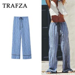 Women's Pants TRAFZA 2024 Casual Spring Summer Striped Women Pajama Style Lace Up Pockets Long Fashion Pleated