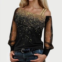 One Shoulder Off Shirt For Women Sequin Gradient Print Blouse Sheer Mesh Long Sleeve Tops Casual Loose Blouses Female Shirts