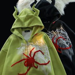 Y2K Zipper Up Hoodie Harajuku Hip Hop Graphics Embroidered Devil Horns Hoodie Sweatshirt Mens Womens New Gothic Jacket Coats