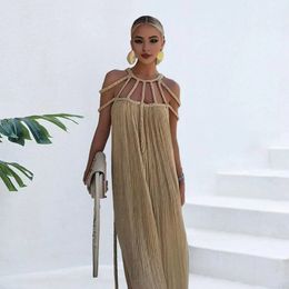 Braided Rope Panel Dress Elegant Off Shoulder Maxi with Straps for Women Solid Color Vacation Beach Sundress 240412