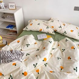 Ins Style Duvet Cover Set with Flat Sheet Pillowcases Cute Orange Cherry Printed Twin Full Queen Size Girls Adults Bedding Set