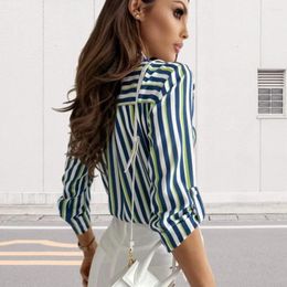 Women's Blouses Women Shirt Tops Stylish Autumn Lapel Striped Print Slim Fit Single Breasted Workwear With Patch Pocket Breathable