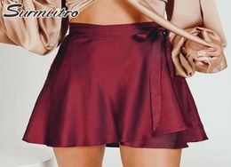 Skirts SURMIITRO 2021 Satin Summer Mini Wrap Skirt Women Korean Style Red Pink Black Lace Up High Waist Female8262007