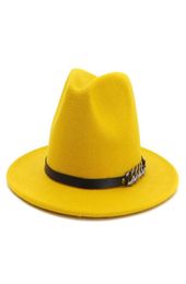 Men Women Flat Brim Panama Style Wool Felt Jazz Fedora Hat Cap Gentleman Europe Formal Hat Yellow Floppy Trilby Party Hat2851822