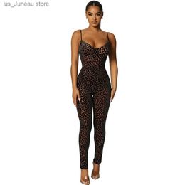 Women's Jumpsuits Rompers Leopard Jumpsuit For Women Summer Sexy Spaghetti Backless V Neck Slim Mesh Pants 2024 New Fashion Ins Jumpsuit 1 T240415