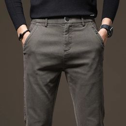 Autumn Mens Slim Straight Casual Pants Elastic Waist Fashion Korean Cargo Pants Brand Trousers Black Coffee Gray 240329