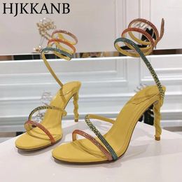 Dress Shoes 2024 Round Toe Open Slim Fit High Heel Sandals Women Crystal Ankle Snake Rope Heels Summer Sexy Banquet