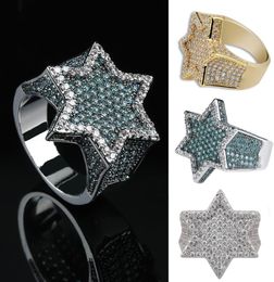 Real Gold White Gold Dark Green Iced Out Cubic Zirconia Hexagonal Star Finger Band Ring Colour Preserve Bling Diamond Rapper Ring7929993