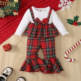 Trousers ma&baby 6M3Y Christmas Toddler Infant Baby Girl Clothes Sets Ruffle Long Sleeve Bow Tops Plaid Pants Xmas Outfit Costume D05