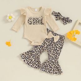 Trousers Cute Leopard Print Baby Girls Clothes Set Autumn Spring Outfits Ribbed Long Sleeve Romper Flared Pants Headband Infant Outfits