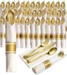 40 Pieces of PreRolled Golden Plastic Silverware Disposable Cutlery and Napkin Suitable for 10 People Dinner Party Wedding6426399