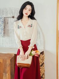 Work Dresses Retro French Elegant 2 Piece Set Women Single-breasted Embroidered Shirt Top Red Vintage Skirt Sets Fall Fashion Women's