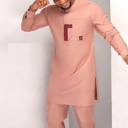 Kaftan Pink Wedding Mens Suit Pockets Tops Pants African Ethnic Taditional Clothing Outfits Kaunda Suits Fashionable 2PCS Set 240410