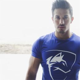 T-Shirts Mens Summer Gym Sport Running Training T Shirt Wolf Print Gyms Fitness Bodybuilding Muscle Male Cotton Tee Tops