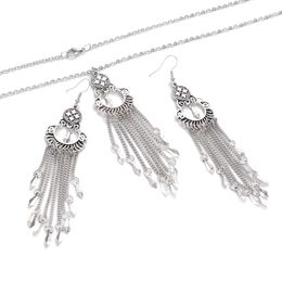 New Ethnic Silver Colour Long Dangle Earring Set Vintage Geometric Carved Flower Water Drop Tassel Earrings Indian Jewellery