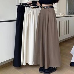 Women High Waist Pleated Skirt Elegant Flared ALine Midi with Pockets Fashion Solid Colour Lady Long for Autumn 240402