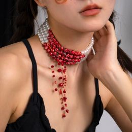 Creative Goth Red Blood Pattern Imitation-Pearl Chain Necklace Women Wedding Bridal Punk Tassel Beads Pendant Halloween Jewelry