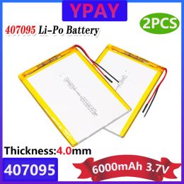 2pcs Polymer Battery 3.7V Lithium Polymer Battery 407095 6000MAH Game Machine MP3 MP4 MP5 Lithium Battery GPS