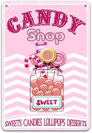 Candy Shop Sweets Candies Loollipops Desserts Vintage Pink Metal Tin Sign Wall Decor, Retro Art Painting Poster Plaque