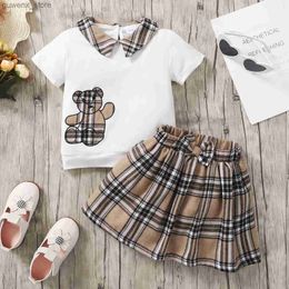 Clothing Sets Girl 1-6 Year Old Spring/Summer Korean Edition Bursting Cute Bear Print Short sleeved Top Solid Colour Dress Princess Set Y240412