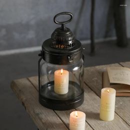 Candle Holders Nordic Simple Wrought Iron Holder Retro Outdoor Windproof Glass Stand Metal Porta Candele Home Decoration AH50CH